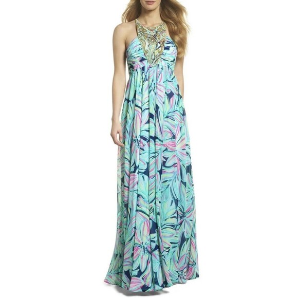 Lilly Pulitzer NEW Lannette High Tide Dancing Lady Gold Beads Maxi Dress 2 $368 - Picture 7 of 16